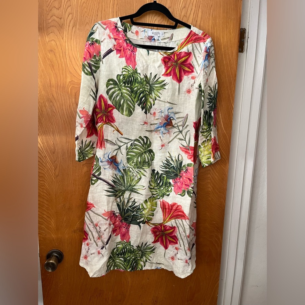 Allegra Masetti tropical print round neck midi dress L